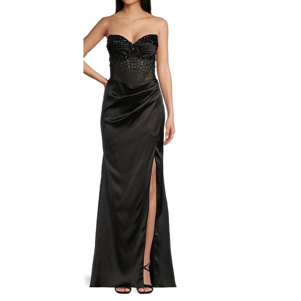 GB Social Black Strapless Sweetheart Beaded Rhinestone Corset Long Gown Dress 1